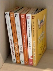 Foto de una estantería en la que están los seis álbumes ilustrados que he traducido: «Sumendi bat daukat», «Deskonektatuta», «Titi Festa», «Sumendi bat daukat eta ez dut arnastu nahi», «Ni lehena!» y «Beldurra poltsikoan», de Míriam Tirado y Joan Turu