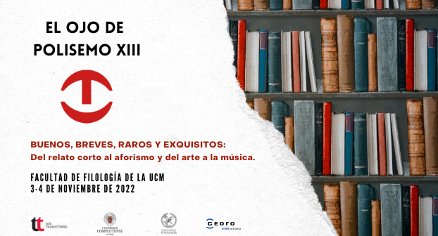 Cartel de El Ojo de Polisemo Trece. A la izquierda se ven el logo y la información del congreso, y a la derecha, una estantería llena de libros.