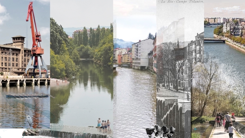 Cartel del curso, cuyo diseño está dividido en cinco franjas verticales que muestran estos paisajes: una grúa roja y un antiguo edificio industrial al lado de la ría en Punta Zorrotza; un río caudaloso rodeado de árboles con varias personas bañándose junto al azud; unas casas construidas justo al lado de un río; una imagen en blanco y negro de la ría y el Campo Volantín; y, en la última franja, un río rodeado de edificios en la parte superior y un parque lineal en la parte inferior.