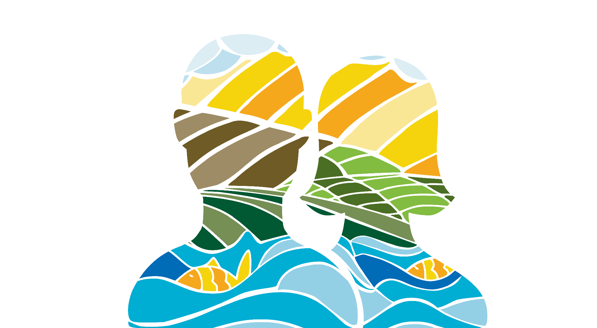 Banner del curso sobre género y medio ambiente de UN CC:Learn. Muestra dos siluetas humanas del torso para arriba, decoradas con colores que evocan el mar, la tierra, el campo y las nubes.