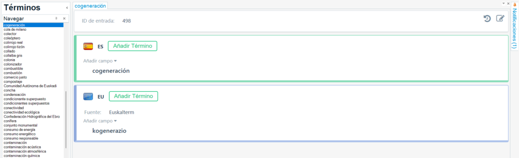 Datu-base terminologikoak kudeatzeko erabiltzen dudan programaren pantaila-argazkia. Ingurumenaren arloko testuak gaztelaniatik euskarara itzultzeko sortu dudan datu-basea dago zabalik. Ezkerraldean zutabe luze bat dago eta gaztelaniazko terminoen zerrenda agertzen da, alfabetikoki ordenatuta. «cogeneración» terminoa hautatuta dago, eta pantailaren erdialdean handiago ikusten da, euskarazko itzulpenarekin batera: «kogenerazio». Iturria ere agertzen da: «Euskalterm».