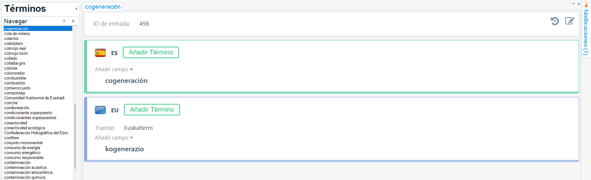 Datu-base terminologikoak kudeatzeko erabiltzen dudan programaren pantaila-argazkia. Ingurumenaren arloko testuak gaztelaniatik euskarara itzultzeko sortu dudan datu-basea dago zabalik. Ezkerraldean zutabe luze bat dago eta gaztelaniazko terminoen zerrenda agertzen da, alfabetikoki ordenatuta. «cogeneración» terminoa hautatuta dago, eta pantailaren erdialdean handiago ikusten da, euskarazko itzulpenarekin batera: «kogenerazio». Iturria ere agertzen da: «Euskalterm».