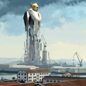 Cartel de la HispaCón 2022. Se ve un robot gigante construido en los astilleros de Ferrol.