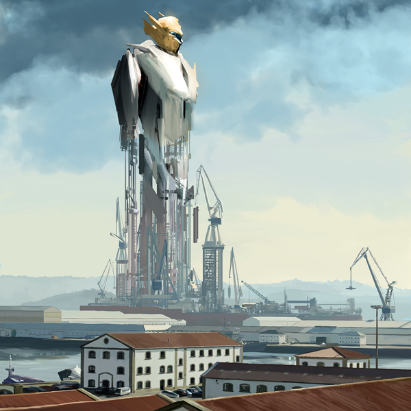 Cartel de la HispaCón 2022. Se ve un robot gigante construido en los astilleros de Ferrol.