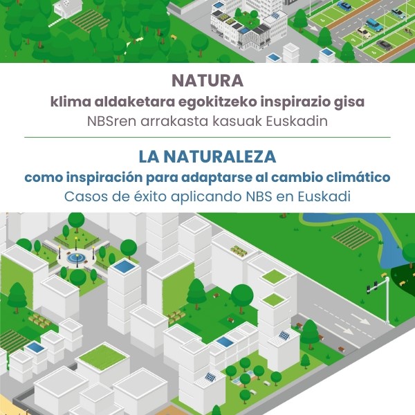 Cartel de la jornada, que tiene el título en euskera y en castellano superpuesto a la ilustración de una ciudad llena de parques urbanos y cubiertas verdes.