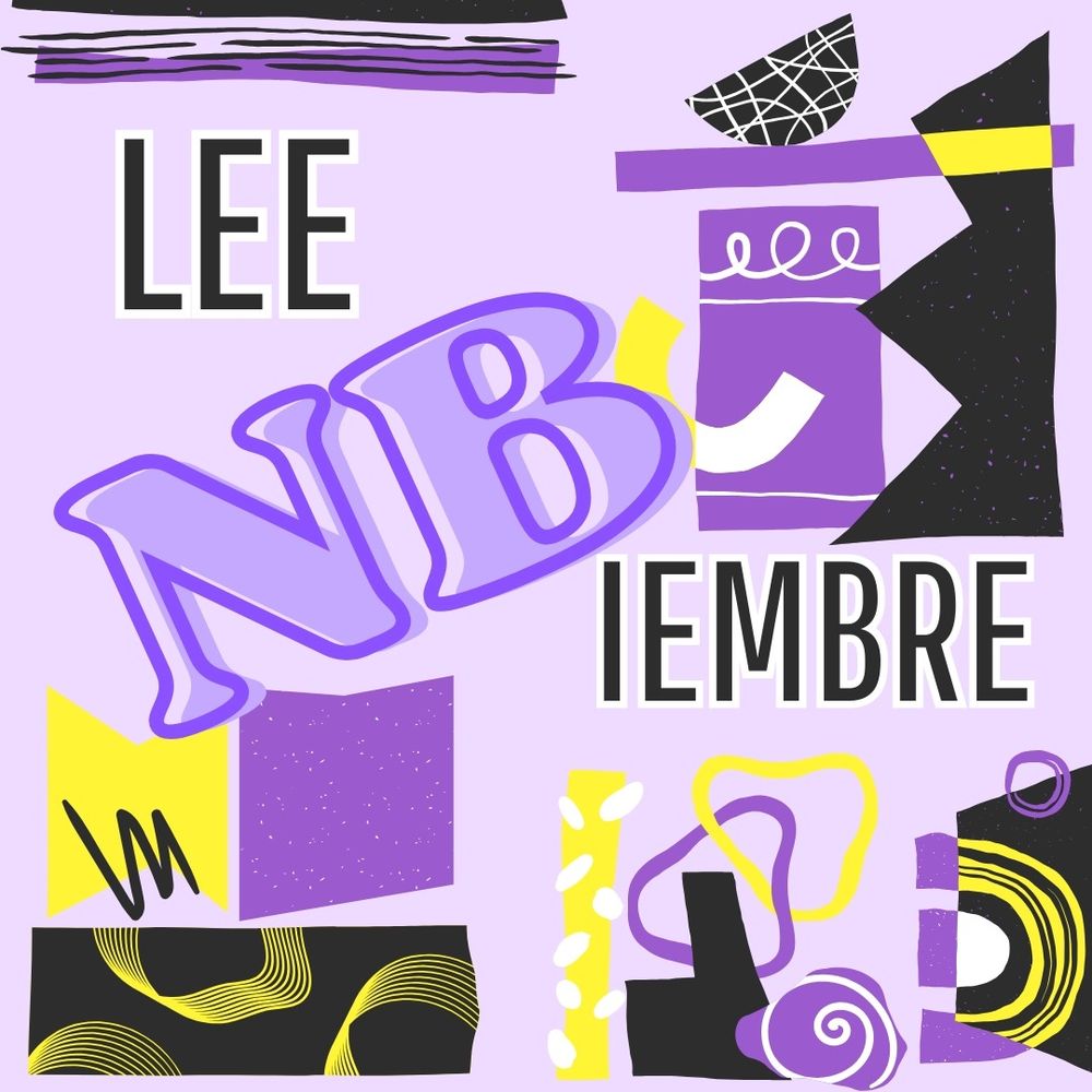 Cartel de LeeNBiembre. Muestra el nombre del evento acompañado de figuras geométricas que le dan un aspecto alegre e informal. Predomina el color morado, el negro y el amarillo.