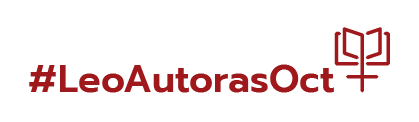 Logo de #LeoAutorasOct, donde aparece el nombre de la iniciativa y un símbolo inspirado en el de Venus, que en lugar de un círculo tiene un libro abierto en la parte superior.
