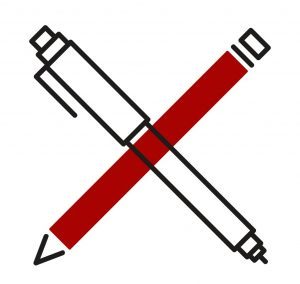 Logo del programa de mentorías de ACE Traductores: un boli blanco y otro rojo que forman una X.