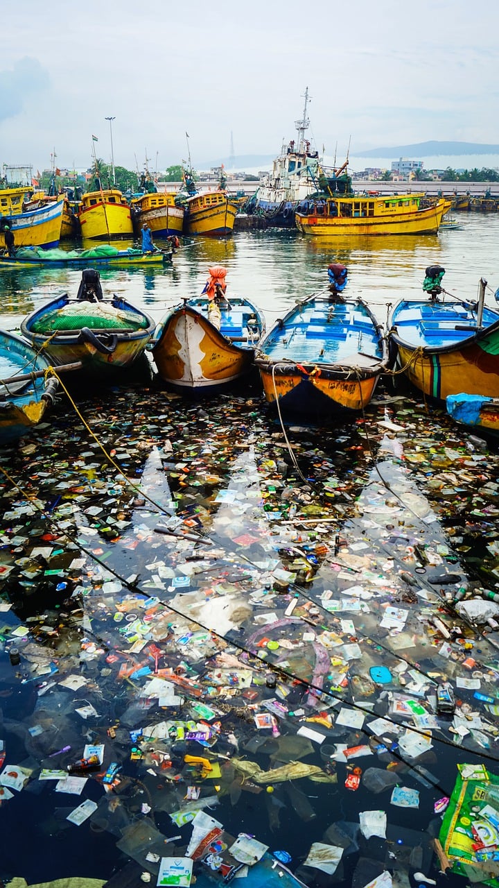 Foto de dos filas de barcos de pesca amarrados en el puerto, alrededor de los cuales se ve una gran cantidad de objetos de plástico desperdigados por el agua. 