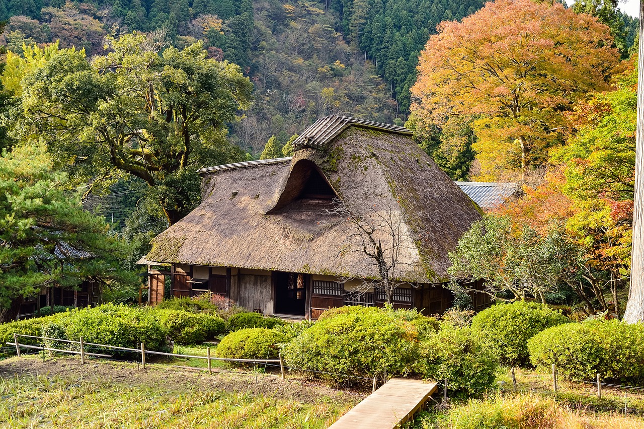 Foto de una casa tradicional japonesa, con tejado de paja, rodeada de árboles y con un pequeño huerto.