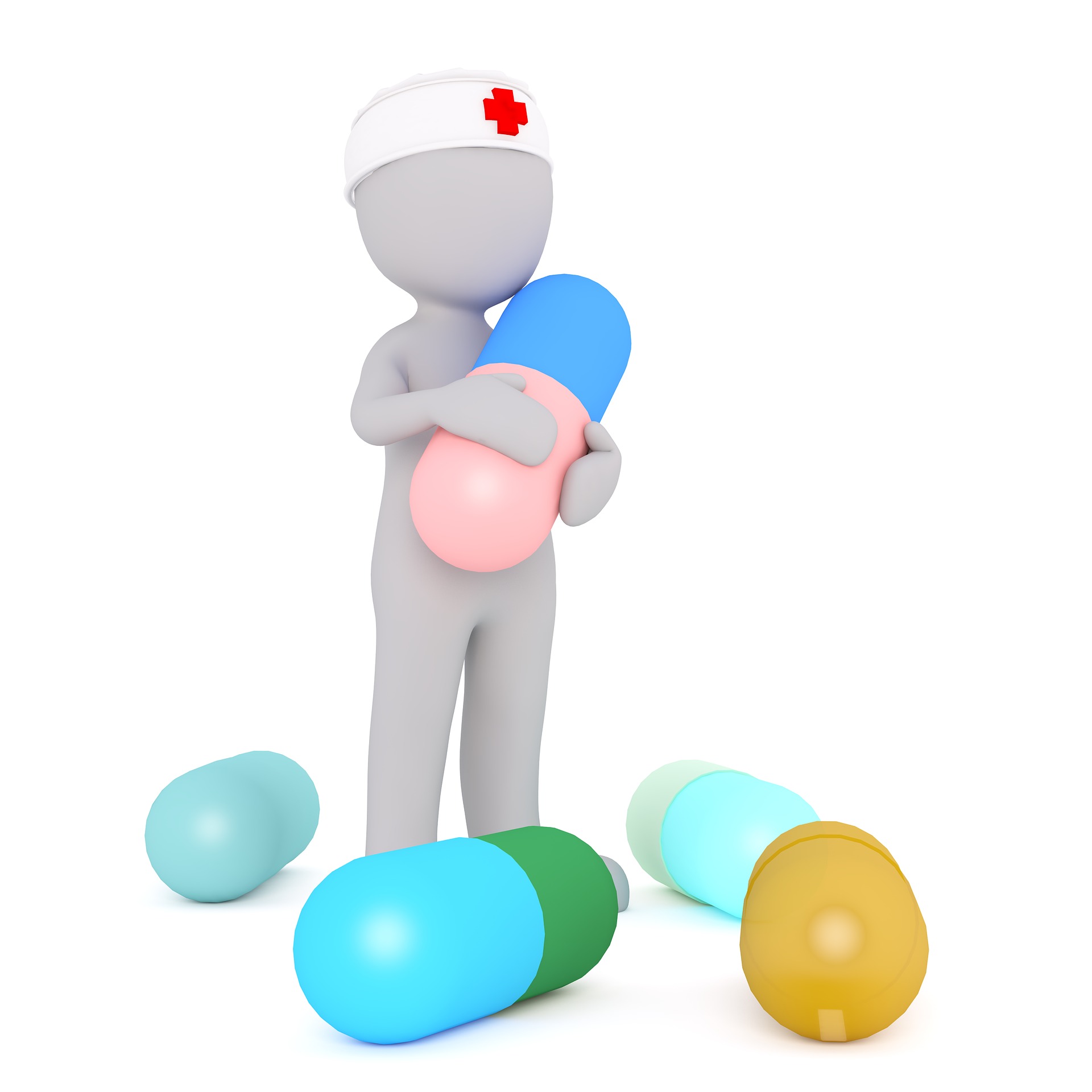 Dibujo tridimensional de una persona sin rasgos distintivos que rodea con los brazos un comprimido gigante y tiene varios más a los pies.