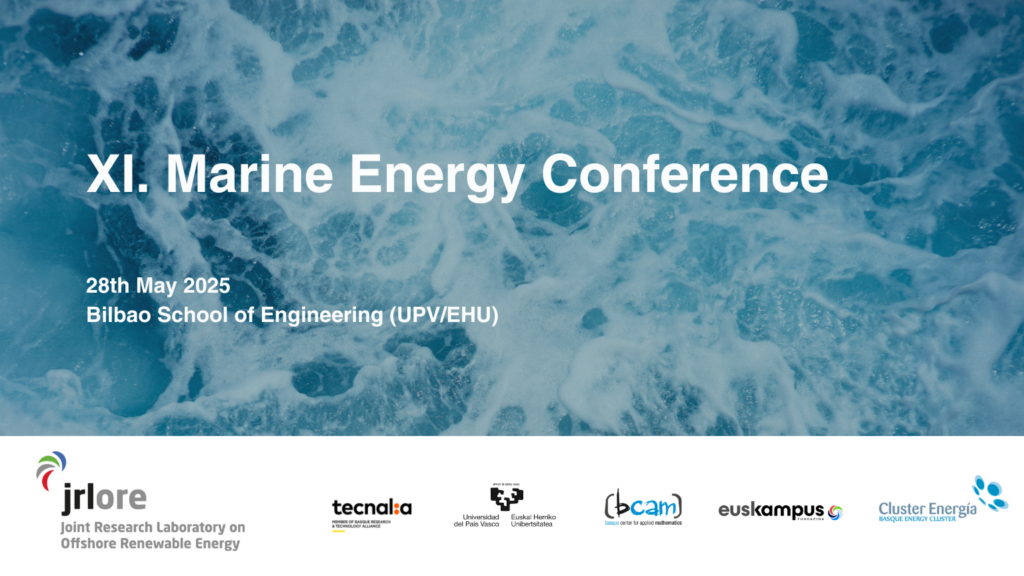 Cartel de la XI Marine Energy Conference. Aparecen el título, el día y el lugar del congreso sobre la foto de una olas y, debajo, sobre fondo blanco, los logos de los patrocinadores: JRL-ORE, Tecnalia, EHU, BCAM, Euskampus y Basque Energy Cluster.